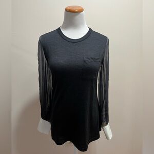 Brunello Cucinelli Controllo Charcoal Black Wool Blend Long Sheer Sleeve Top M